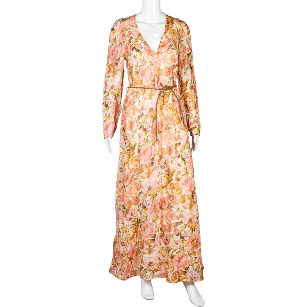 ZIMMERMANN Multicolor Pink Linen Belted Floral Print Long Sleeve Maxi Dress M
